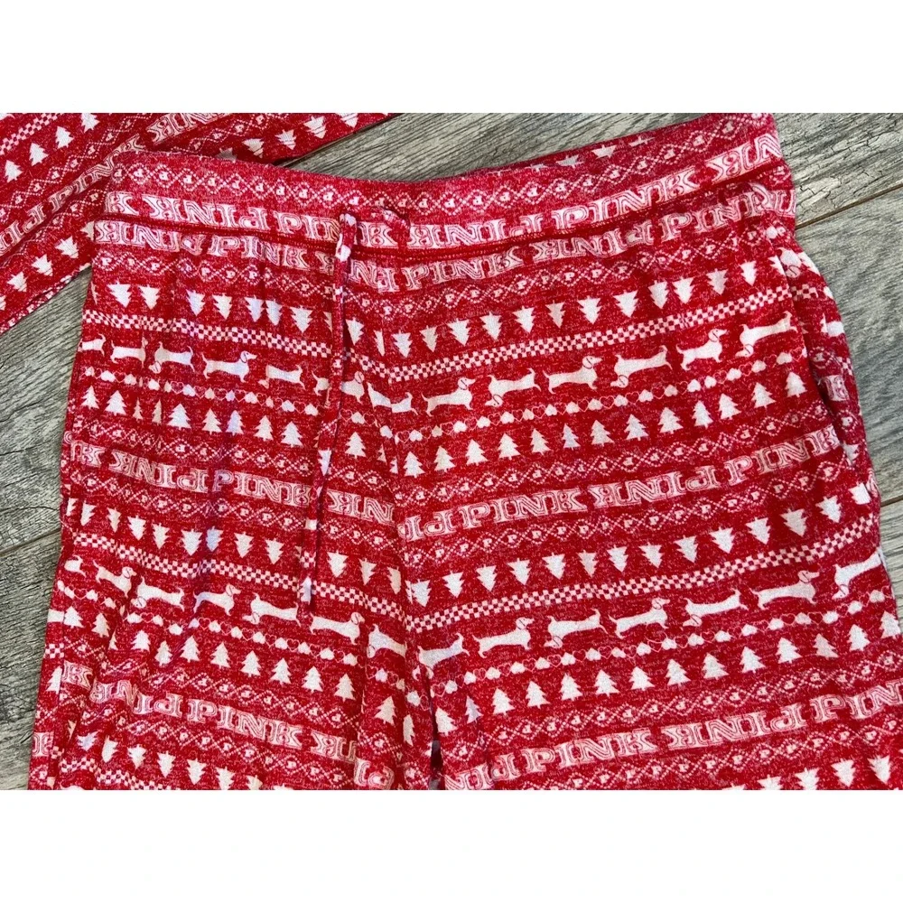 PINK Victorias Secret Pajama Set Large Red Fair Isle Dog Logo 2 pc PJ Set Nordic